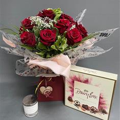 12 Red Roses, Candle and chocolates 