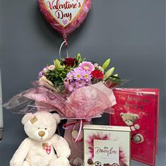 Valentines bouquet with candle, card, balloon teddy and chocolates